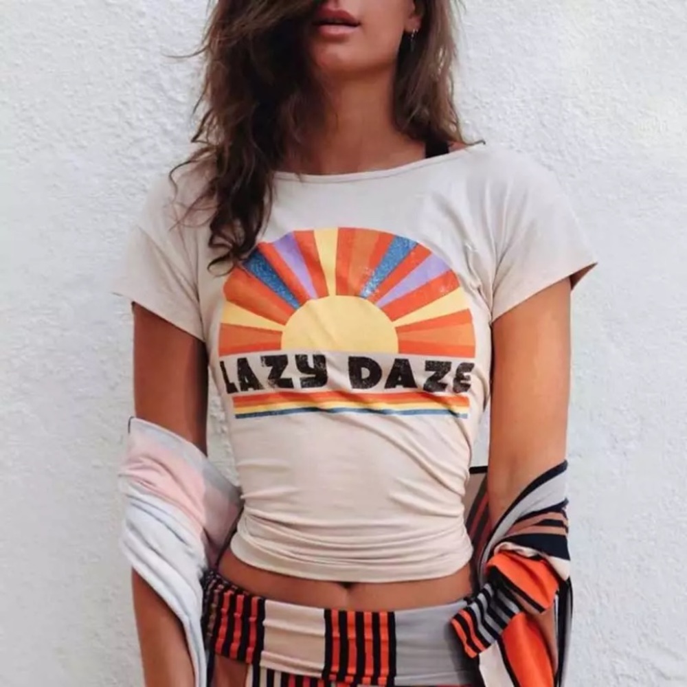 Retro Rainbow Rays Lazy Daze Boho Graphic Tee - Picture 4 of 8